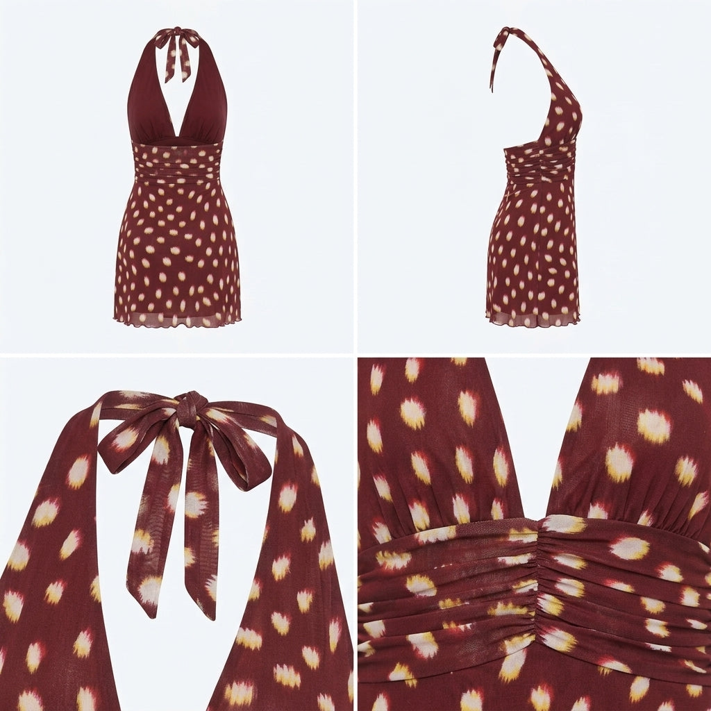 Vestido corto burdeos con lunares amarillos, tirantes tipo lazo y espalda descubierta
