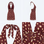 Vestido corto burdeos con lunares amarillos, tirantes tipo lazo y espalda descubierta