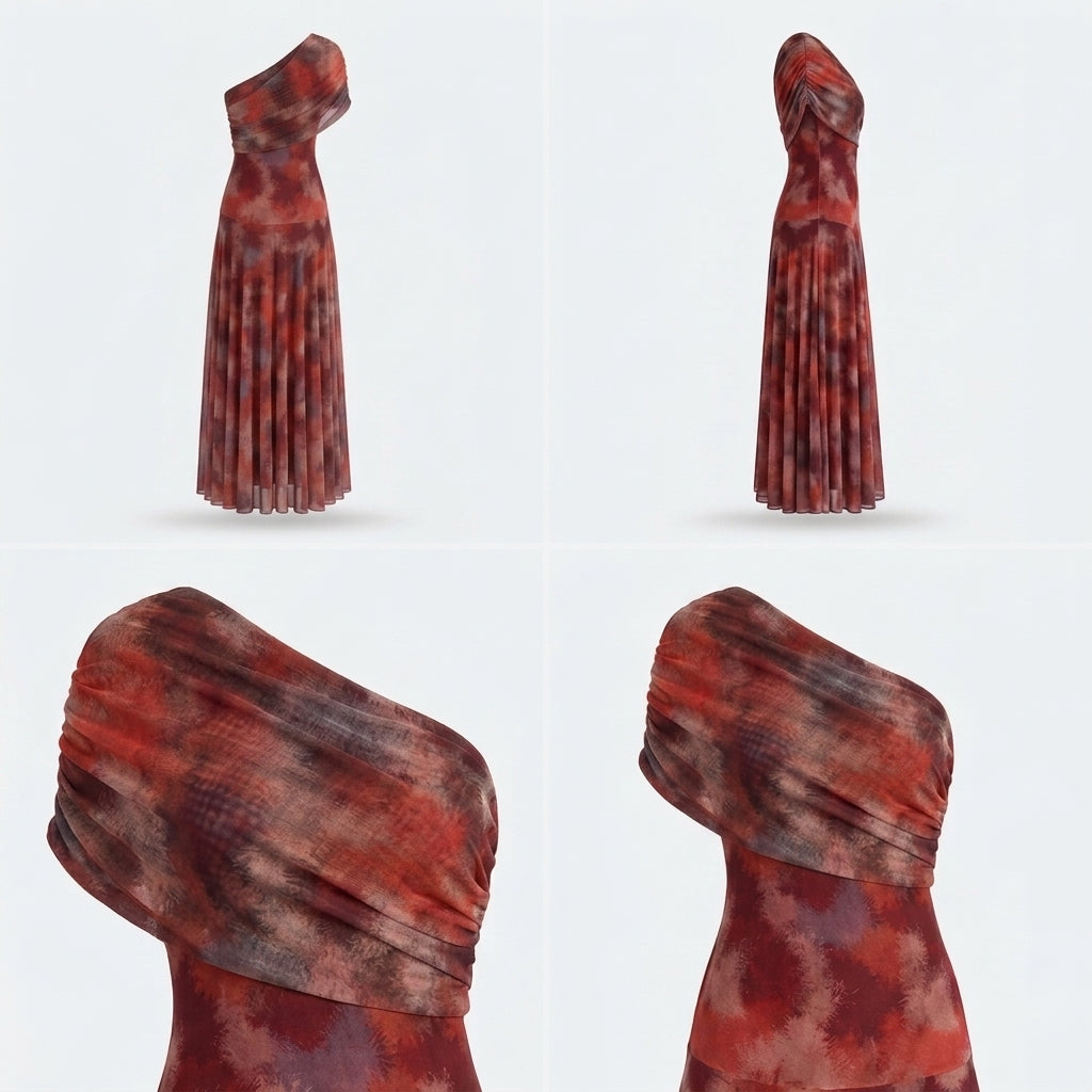 Vestido largo asimétrico estampado rojo y granate, con detalle drapeado en un hombro