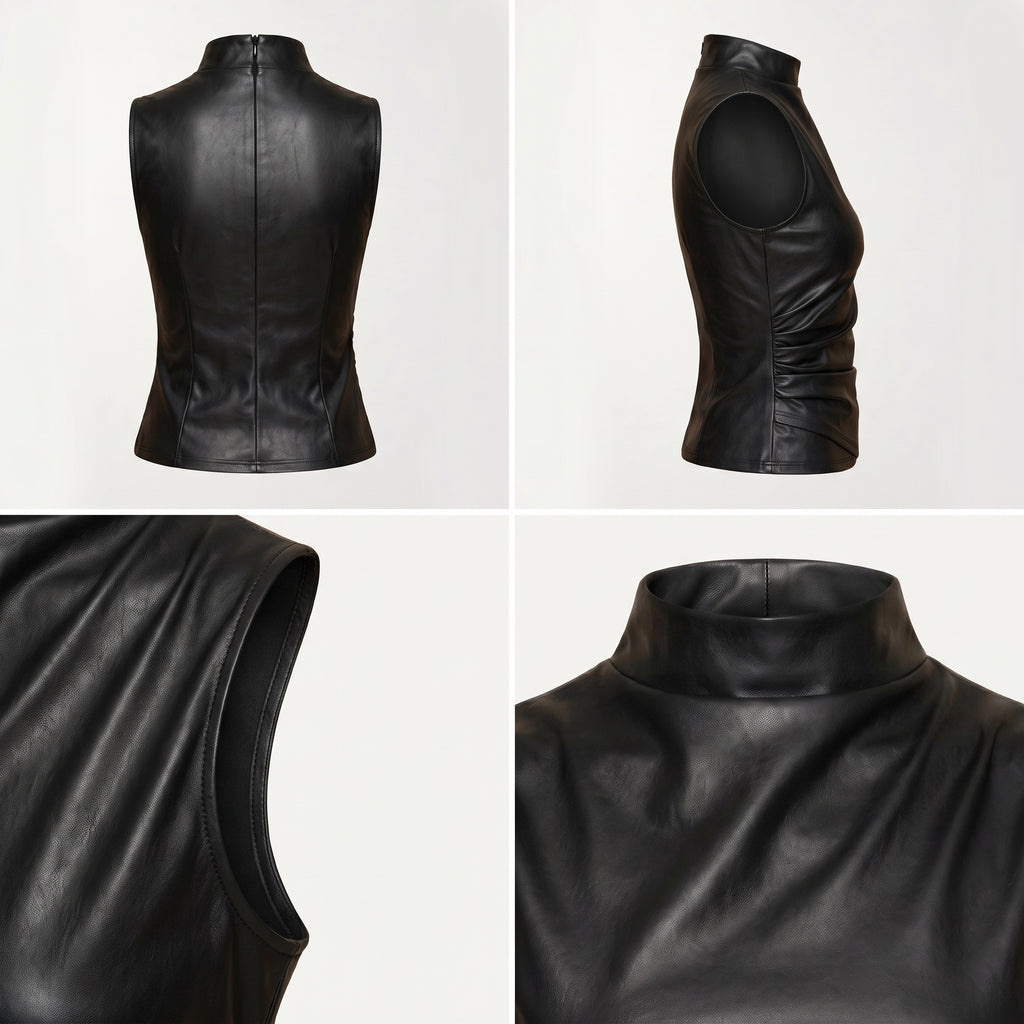 Top Carol Noir negro sin mangas, cuello alto, vista frontal y lateral en collage