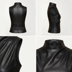 Top Carol Noir negro sin mangas, cuello alto, vista frontal y lateral en collage