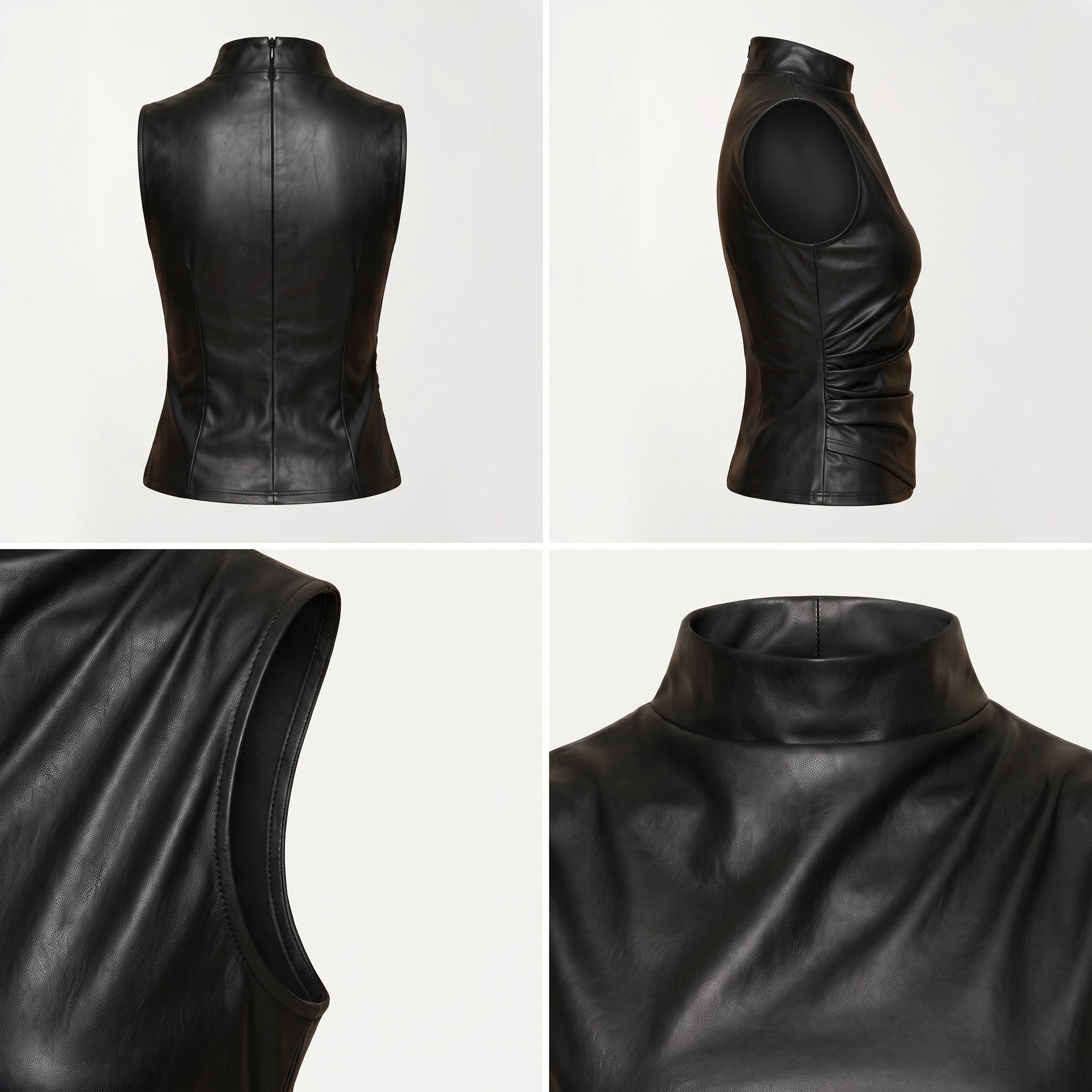 Top Carol Noir negro sin mangas, cuello alto, vista frontal y lateral en collage
