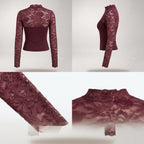 Top de encaje burdeos con cuello alto y manga larga, vista delantera y mangas