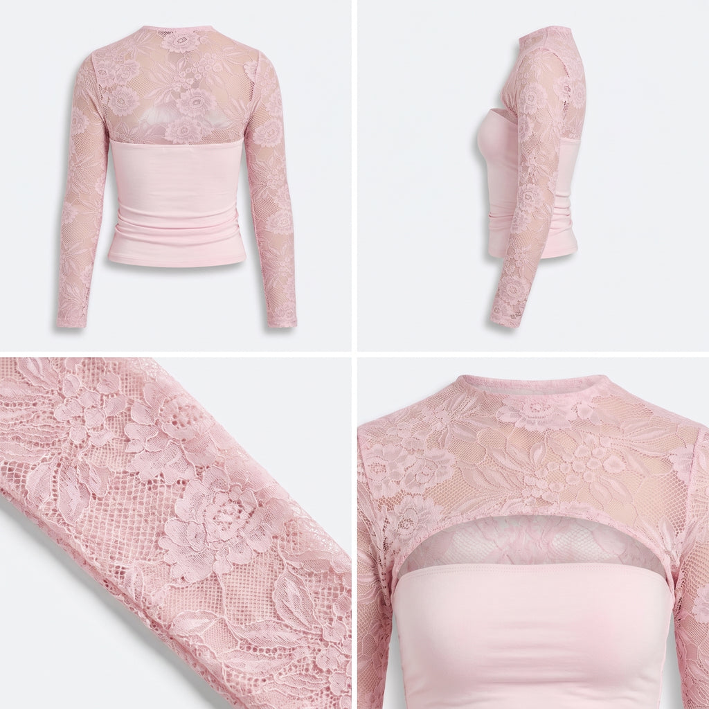 Top rosa claro de encaje floral con panel frontal liso y mangas largas transparentes