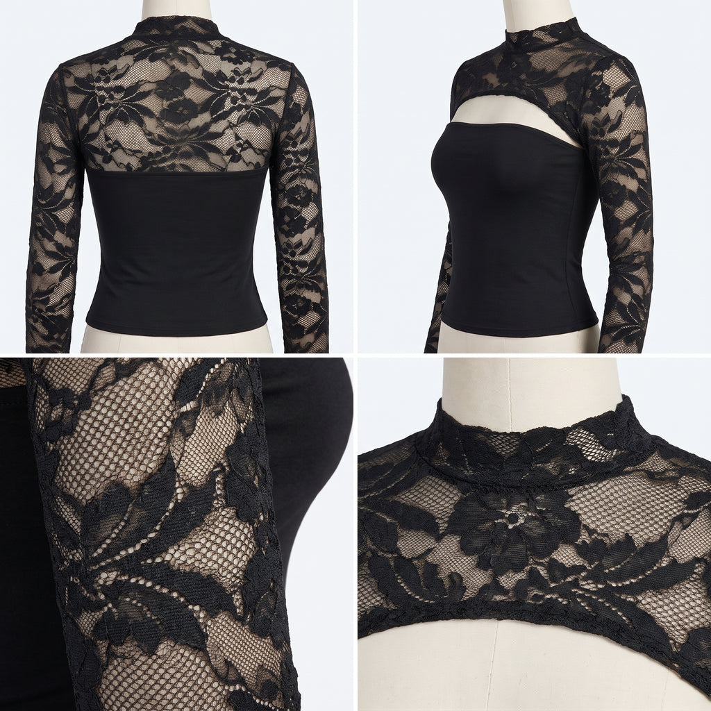Top de encaje negro con mangas largas y detalle floral sobre base lisa, espalda alta