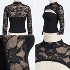 Top de encaje negro con mangas largas y detalle floral sobre base lisa, espalda alta