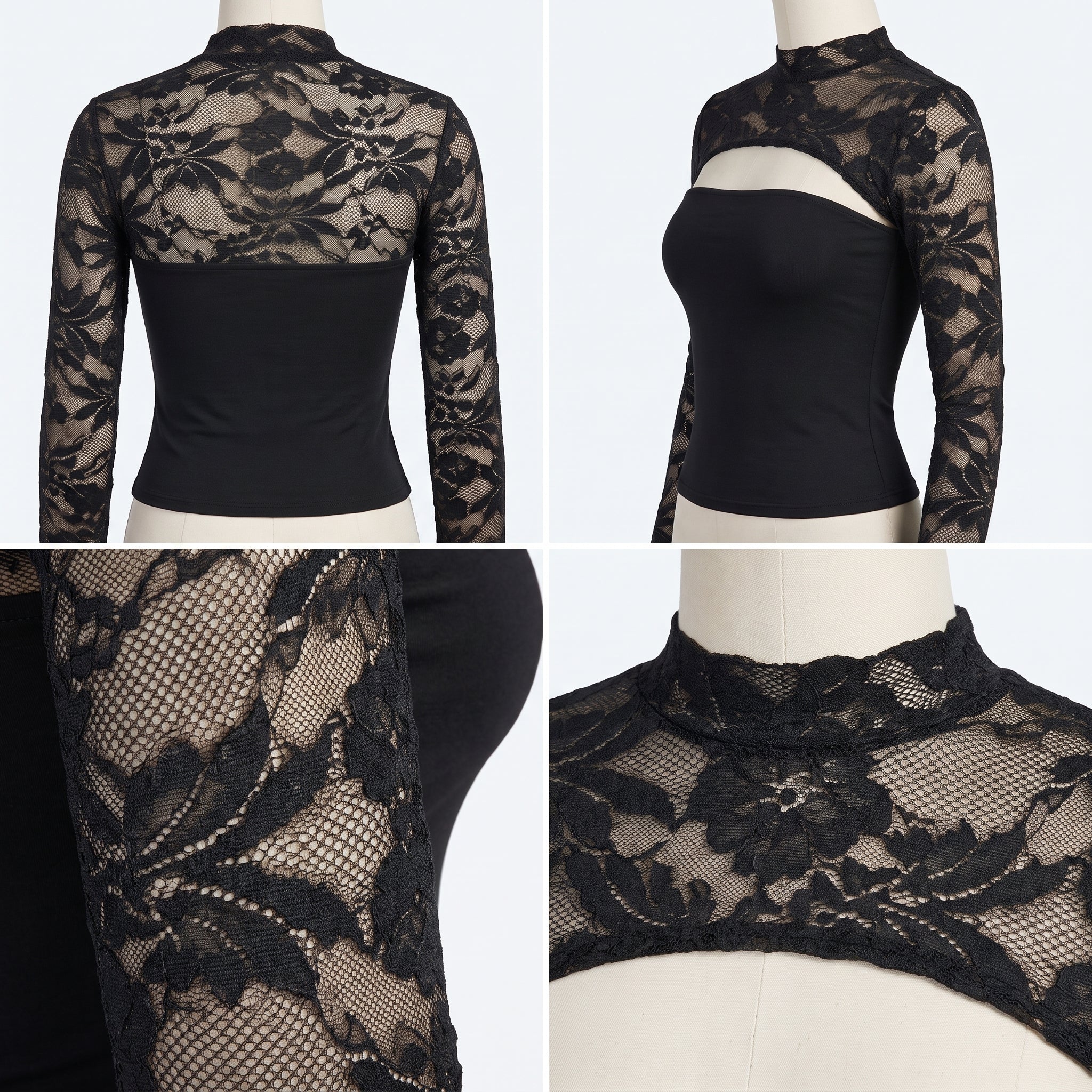 Top de encaje negro con mangas largas y detalle floral sobre base lisa, espalda alta