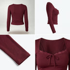 Top de manga larga color rojo vino, con frunces en cintura y lazo en la espalda