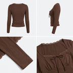 Top ajustado de manga larga color marrón cacao, cuello redondo y costuras ceñidas