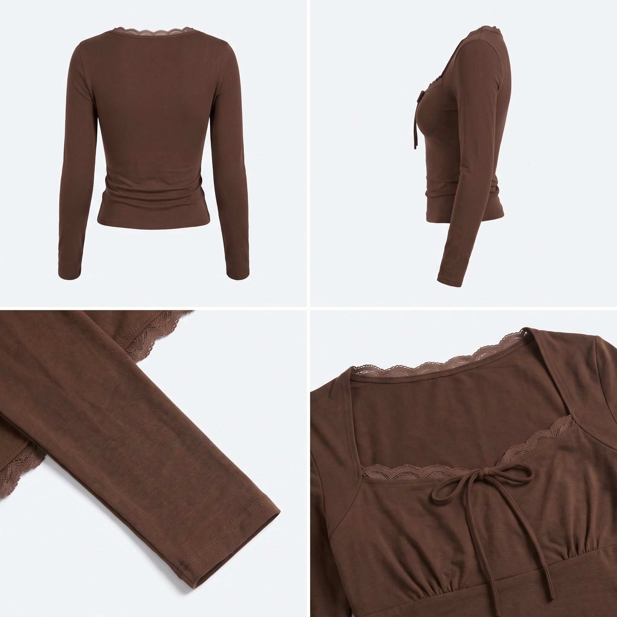 Top ajustado de manga larga color marrón cacao, cuello redondo y costuras ceñidas