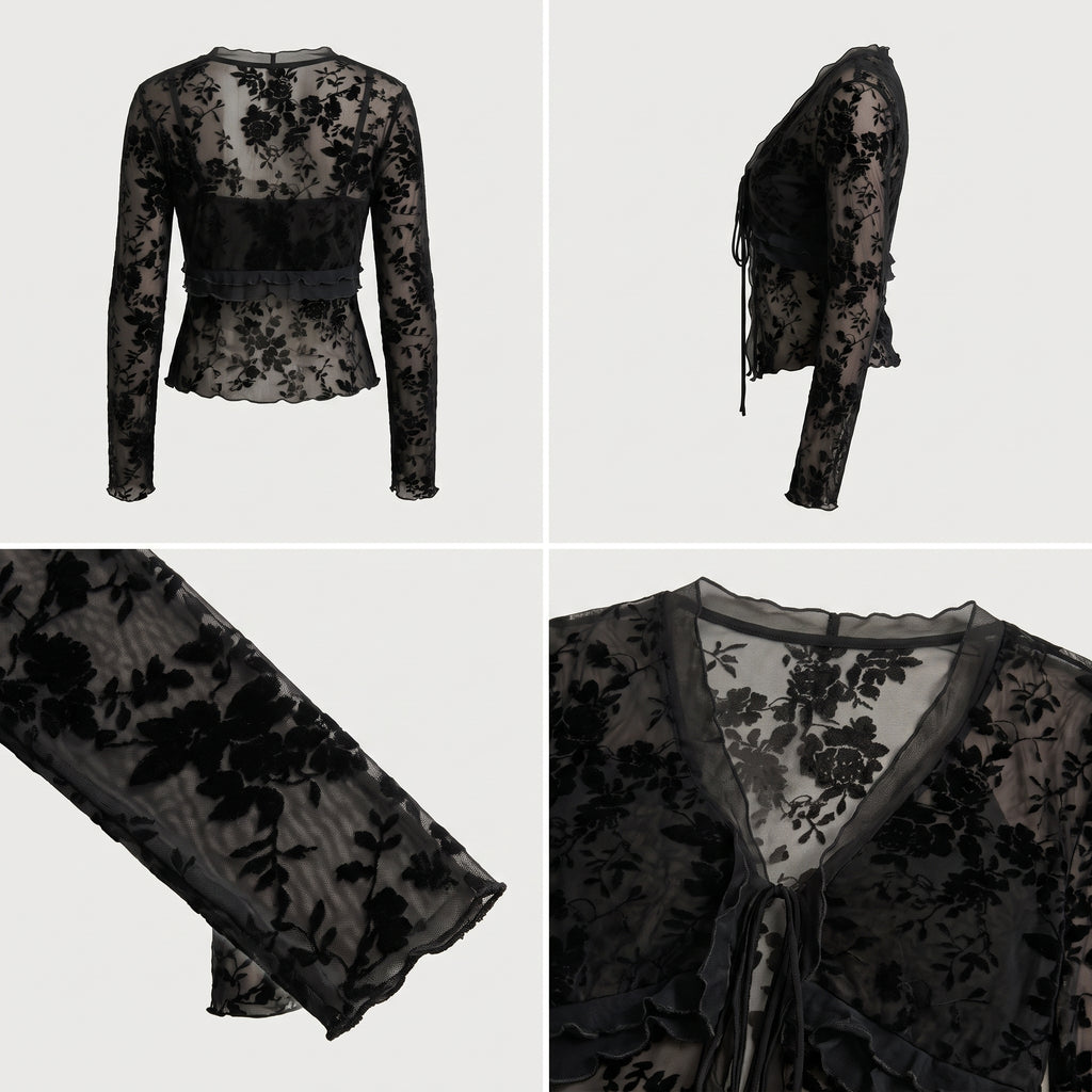 Blusa negra de manga larga con encaje floral y cordón en el escote