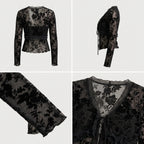 Blusa negra de manga larga con encaje floral y cordón en el escote