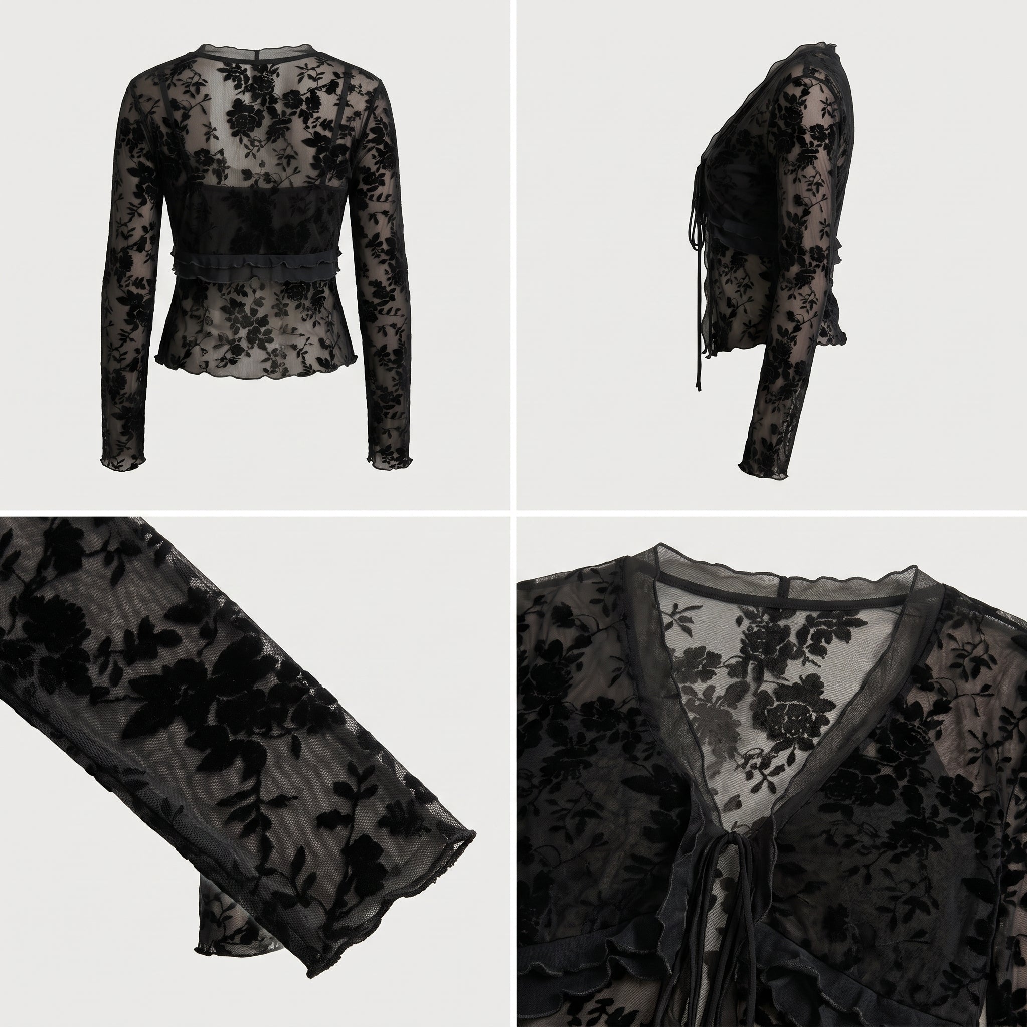 Blusa negra de manga larga con encaje floral y cordón en el escote