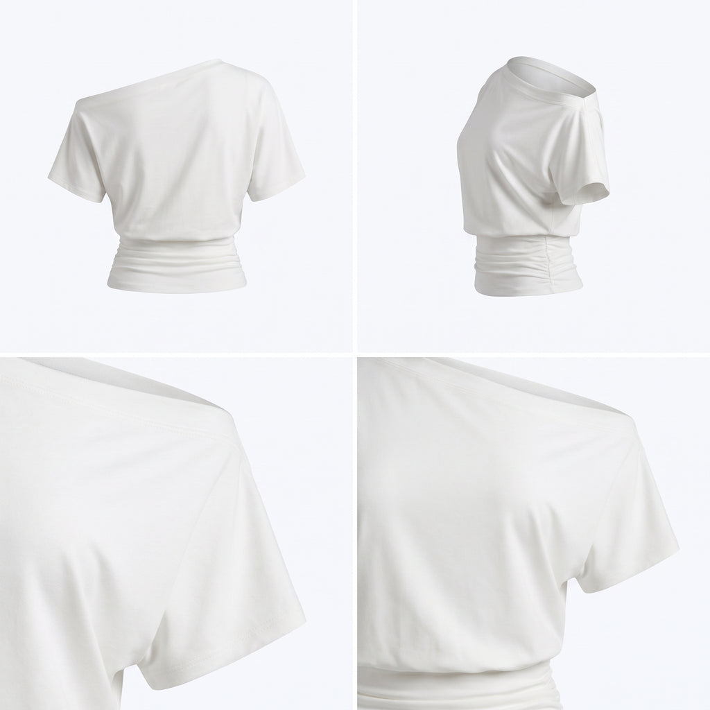 Top blanco de manga corta con frunce en la cintura y drapeado lateral
