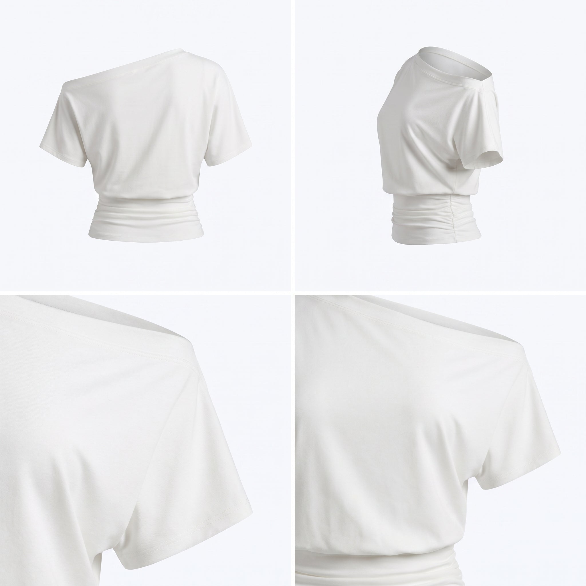 Top blanco de manga corta con frunce en la cintura y drapeado lateral