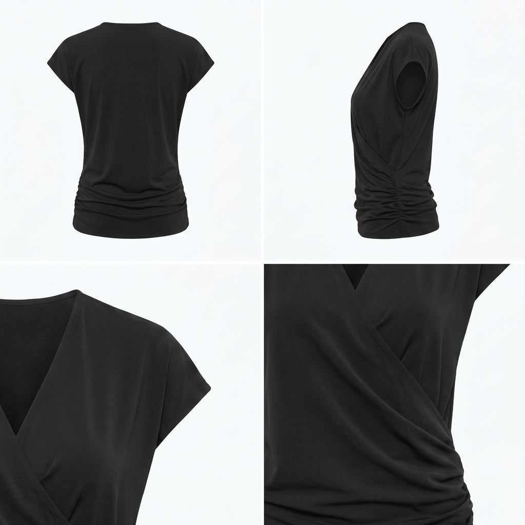 Blusa negra cuello V cruzado, frunce en la cintura y mangas cortas; vista trasera y detalle