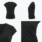Blusa negra cuello V cruzado, frunce en la cintura y mangas cortas; vista trasera y detalle