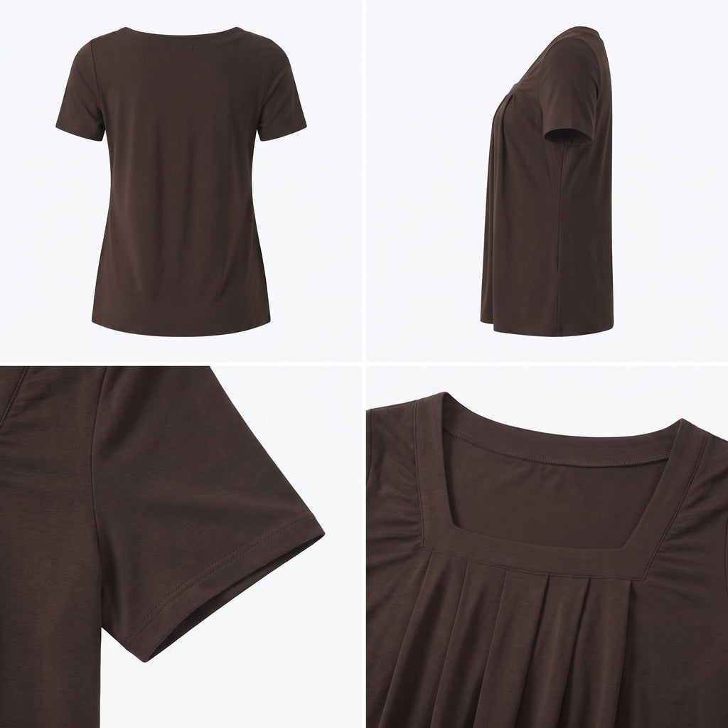 Blusa marrón de manga corta y escote cuadrado con fruncido en la cintura
