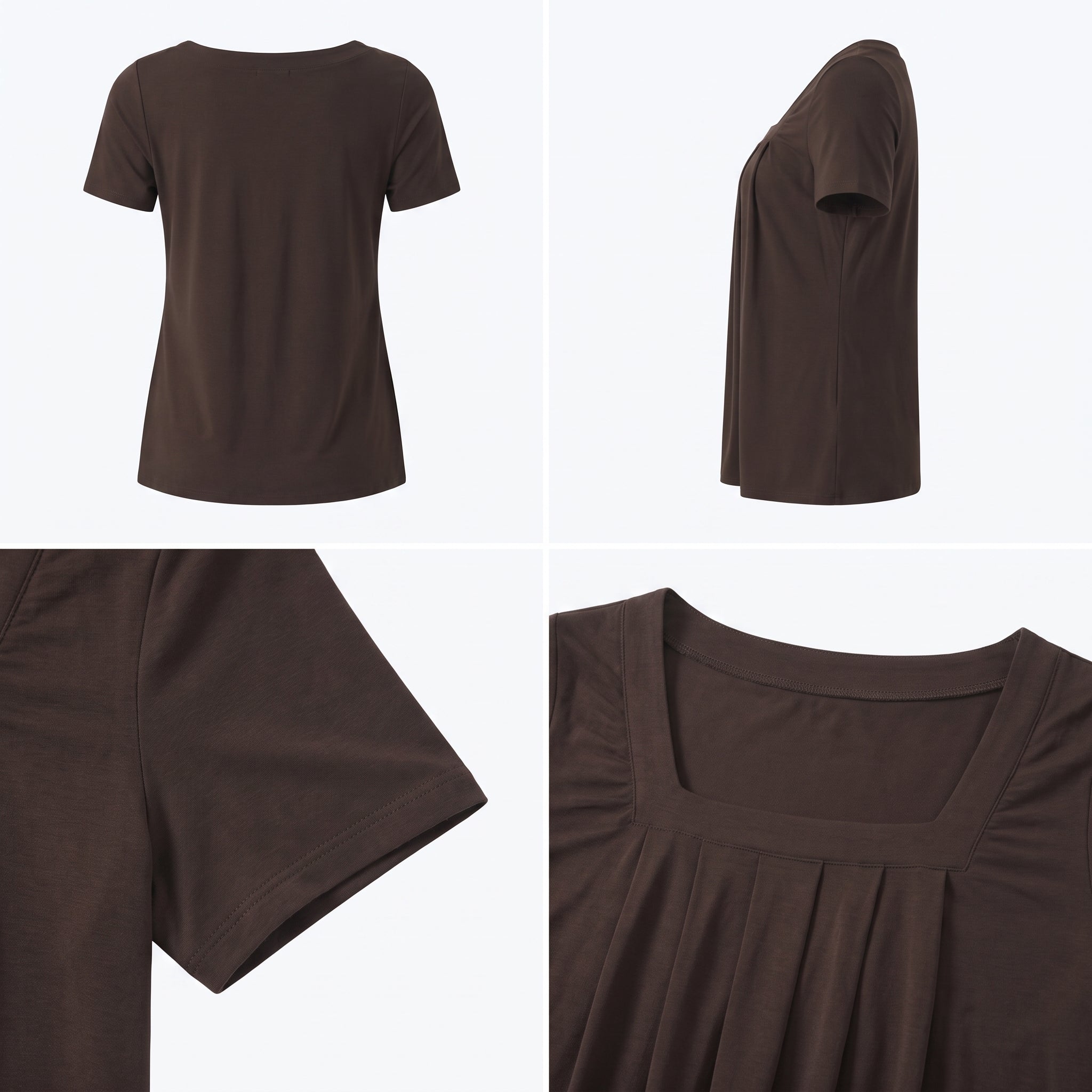 Blusa marrón de manga corta y escote cuadrado con fruncido en la cintura
