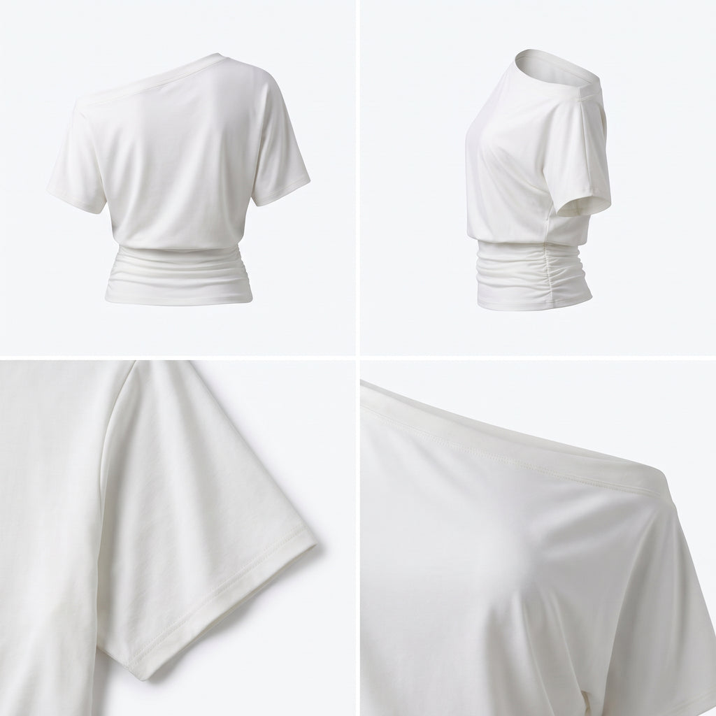 Top blanco de un hombro: vista frontal y lateral con manga caída y frunce