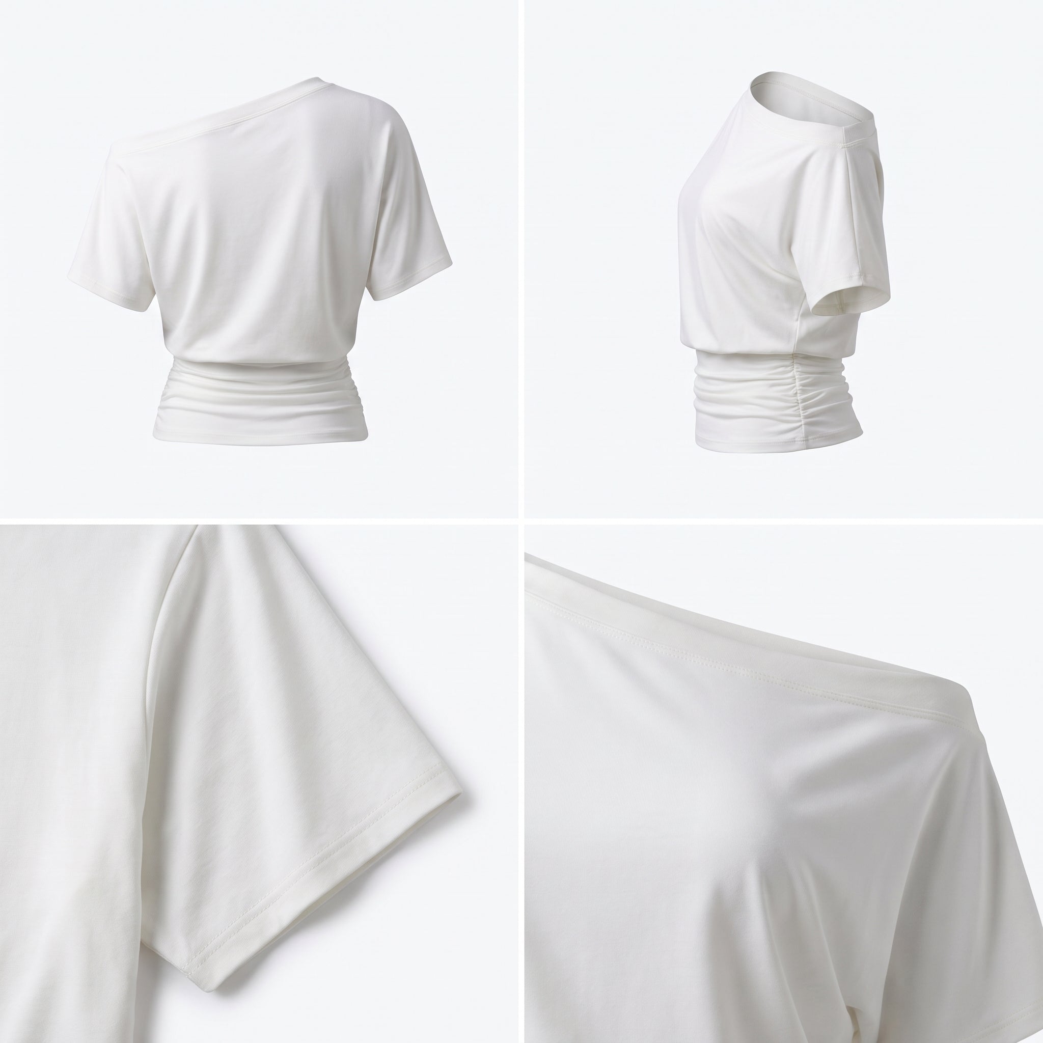 Top blanco de un hombro: vista frontal y lateral con manga caída y frunce