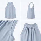 Top halter azul claro sin mangas con escote alto fruncido y caída suelta