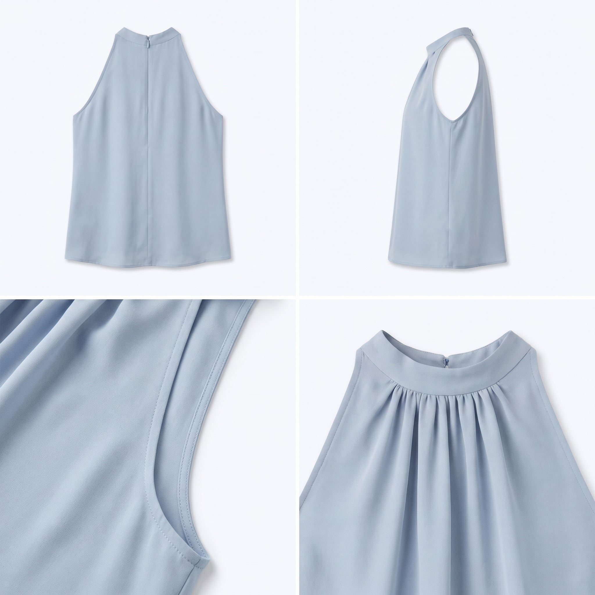 Top halter azul claro sin mangas con escote alto fruncido y caída suelta