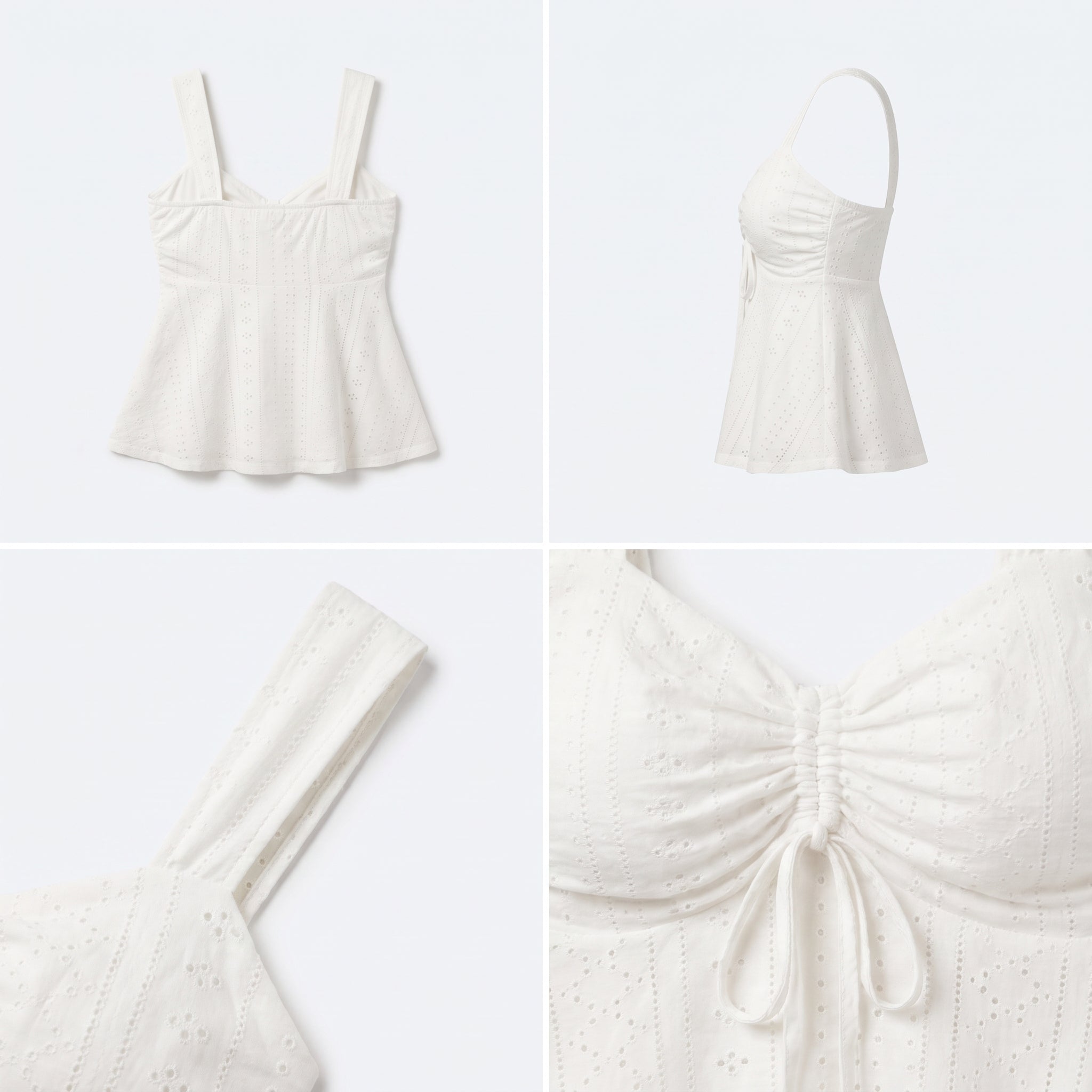 Top blanco tipo camisola con bordado calado y tirantes, lazo en el centro