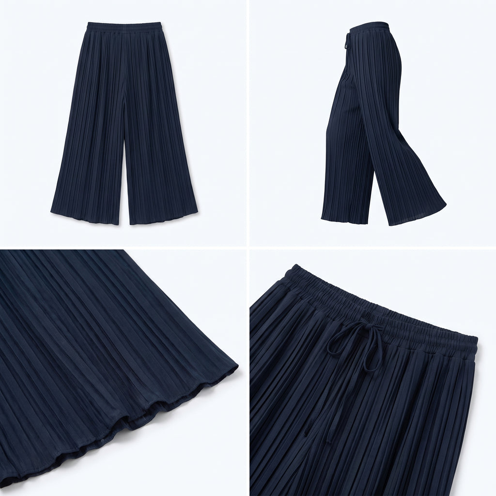 Pantalón plisado fluido azul marino oscuro, corte ancho y cintura elástica