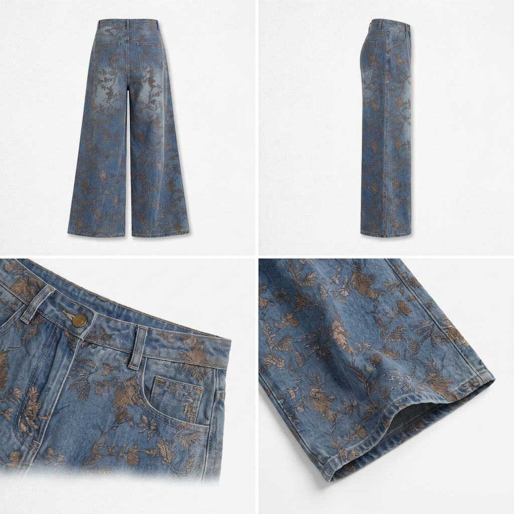 Vaqueros de campana con estampado floral vintage, tiro alto y pierna ancha