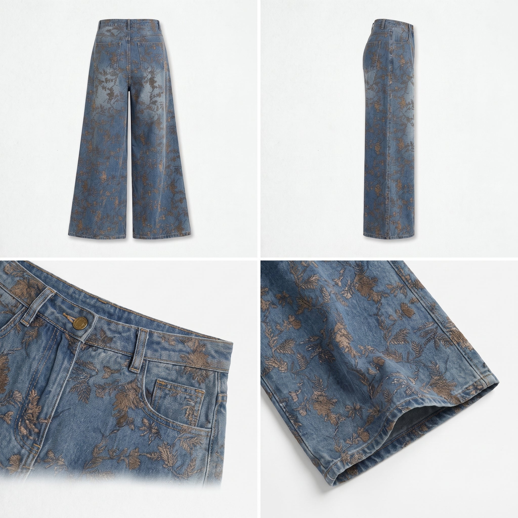 Vaqueros de campana con estampado floral vintage, tiro alto y pierna ancha