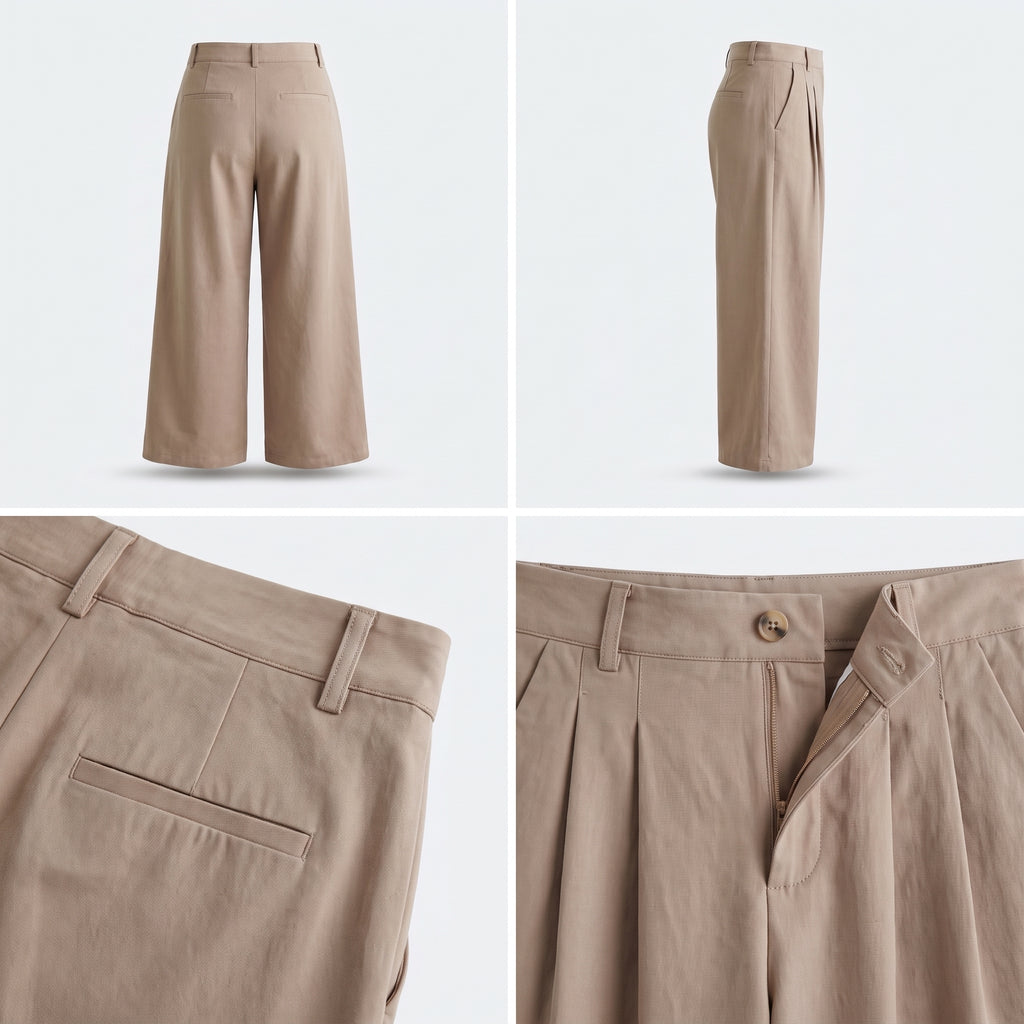 Pantalón beige con pinzas y pernera ancha, vista frontal y lateral.