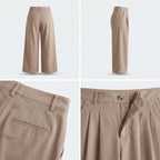 Pantalón beige con pinzas y pernera ancha, vista frontal y lateral.
