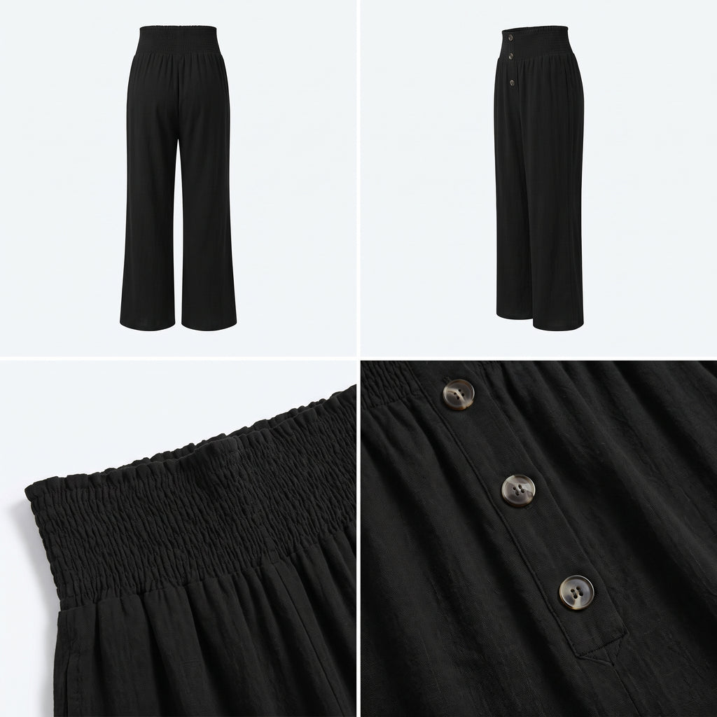 Pantalón de lino natural negro, pierna recta y abertura con botones delanteros
