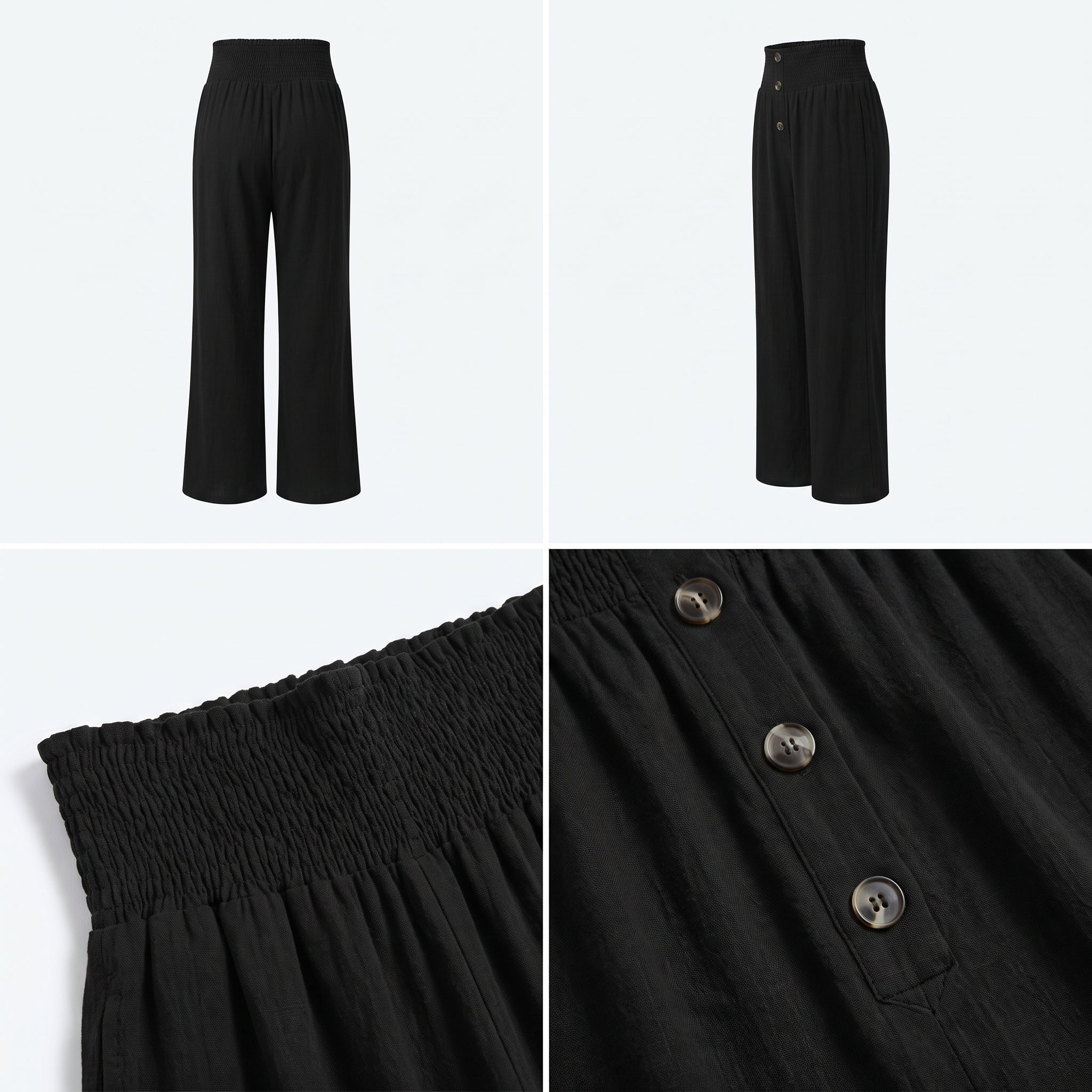 Pantalón de lino natural negro, pierna recta y abertura con botones delanteros