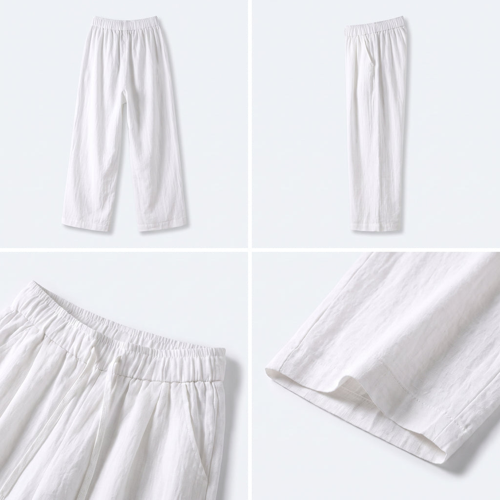 Pantalón de lino y algodón blanco de pernera ancha con cintura elástica