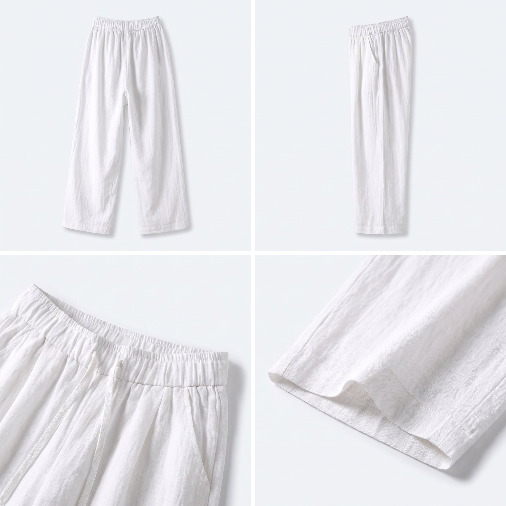 Pantalón de lino y algodón blanco de pernera ancha con cintura elástica