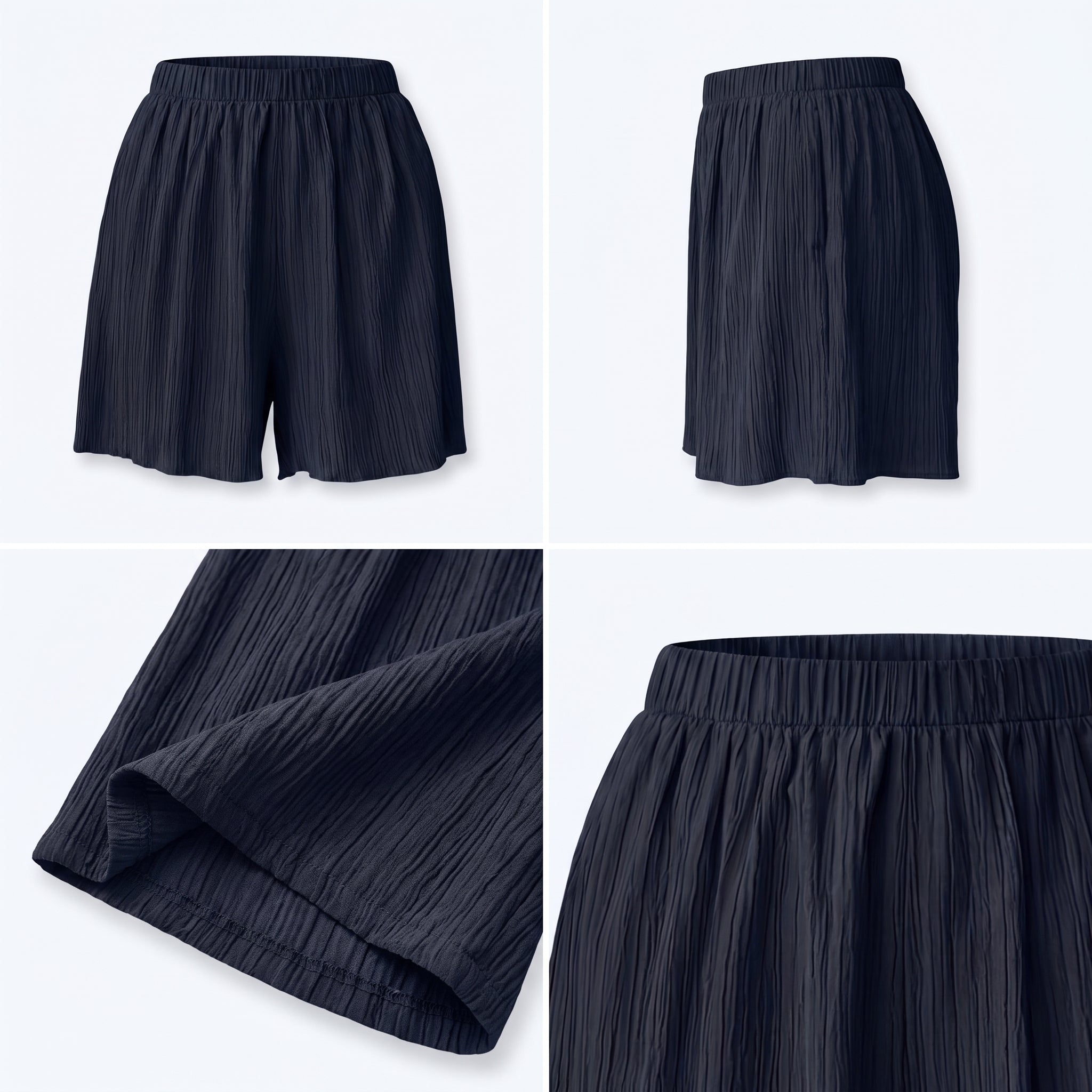Shorts azul marino plisados con cintura elástica y bajo redondeado, detalle de tela