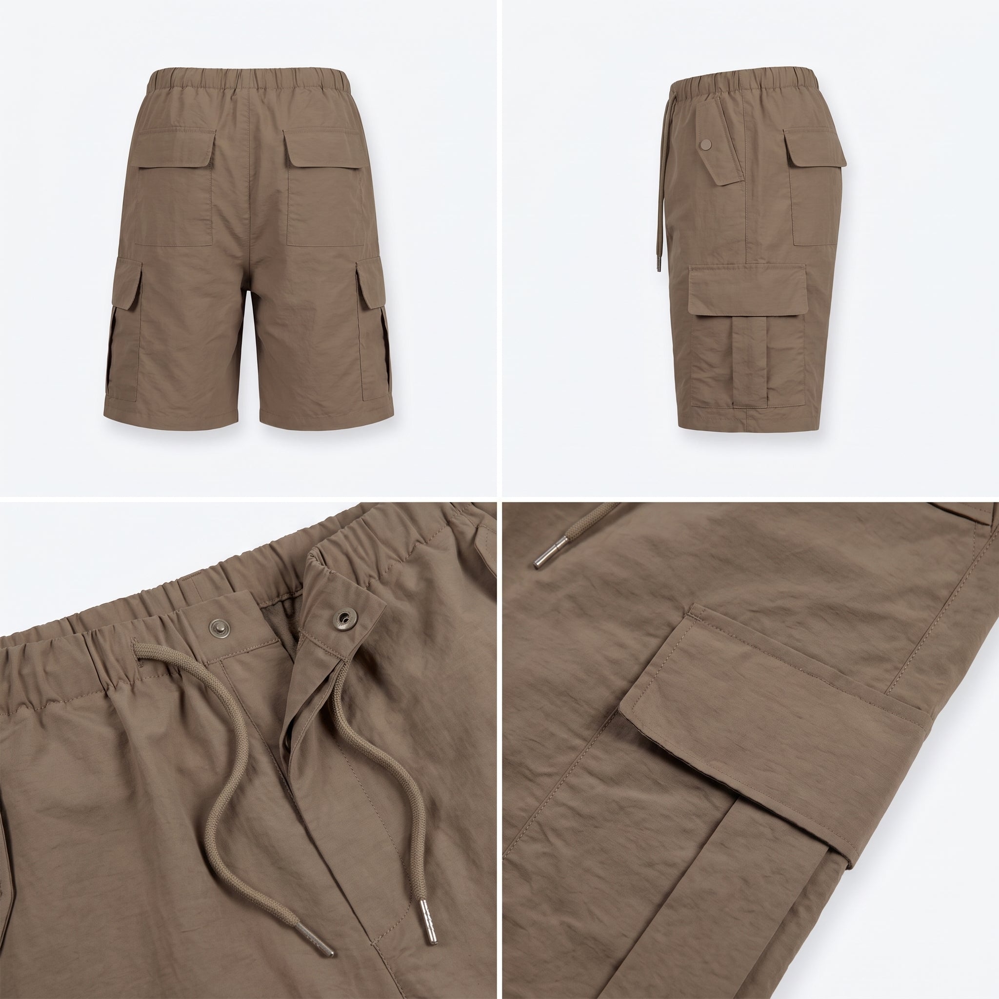 Short cargo marrón con bolsillos con solapa y cordón en la cintura.