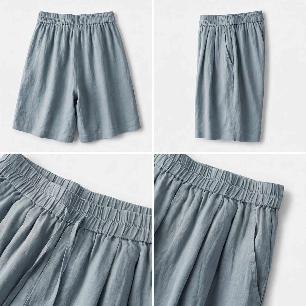 Pantalón corto de lino azul celeste, cinturilla elástica y pliegues, varias vistas.
