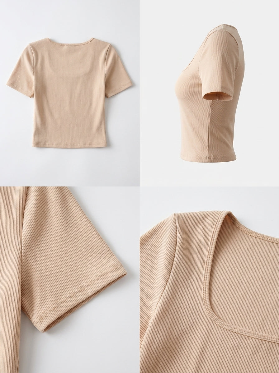 Top moldeador Cápsula beige, manga corta, cuello cuadrado