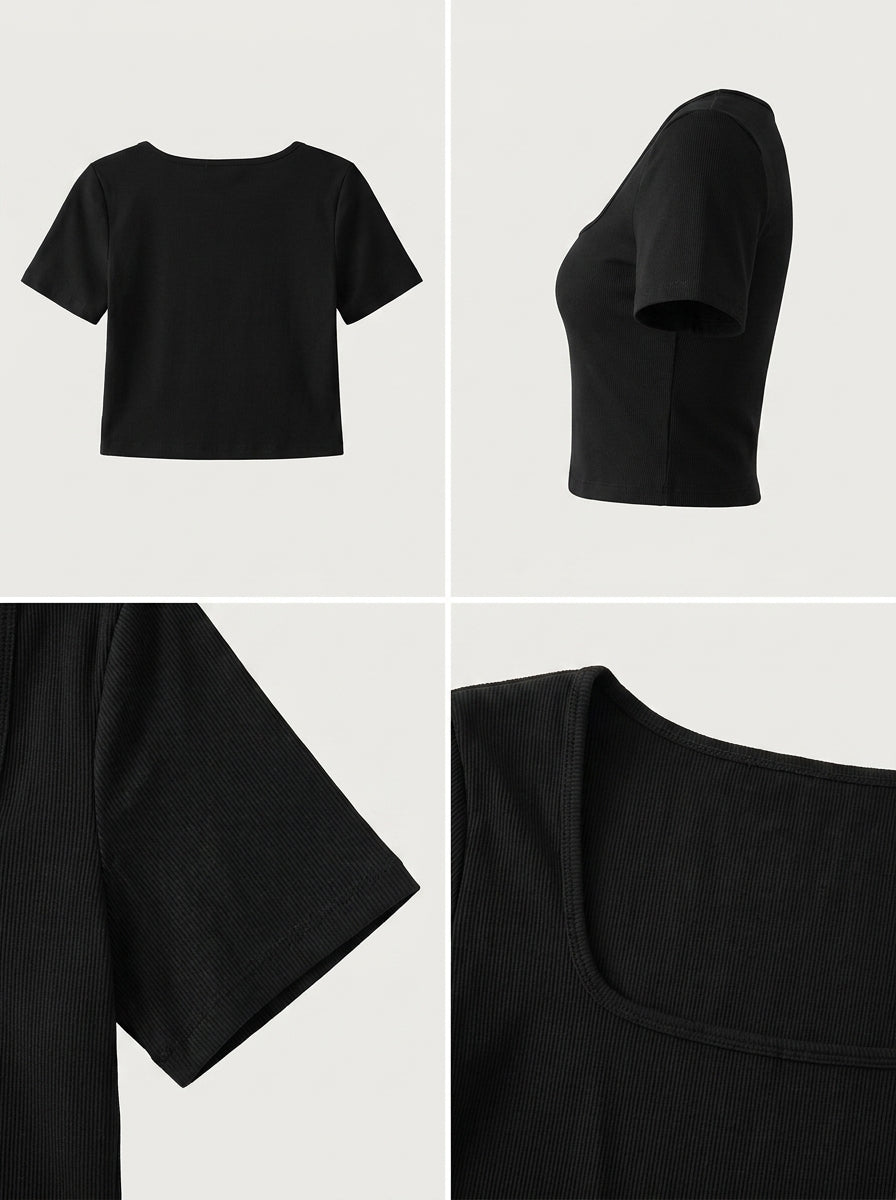 Top moldeador Cápsula negro, manga corta, cuello cuadrado