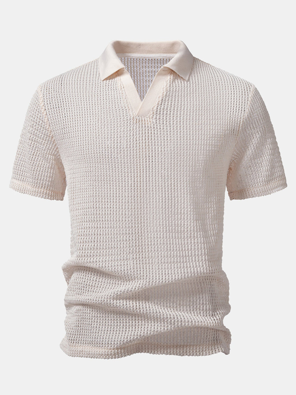 Polo de punto calado beige con cuello en V y manga corta