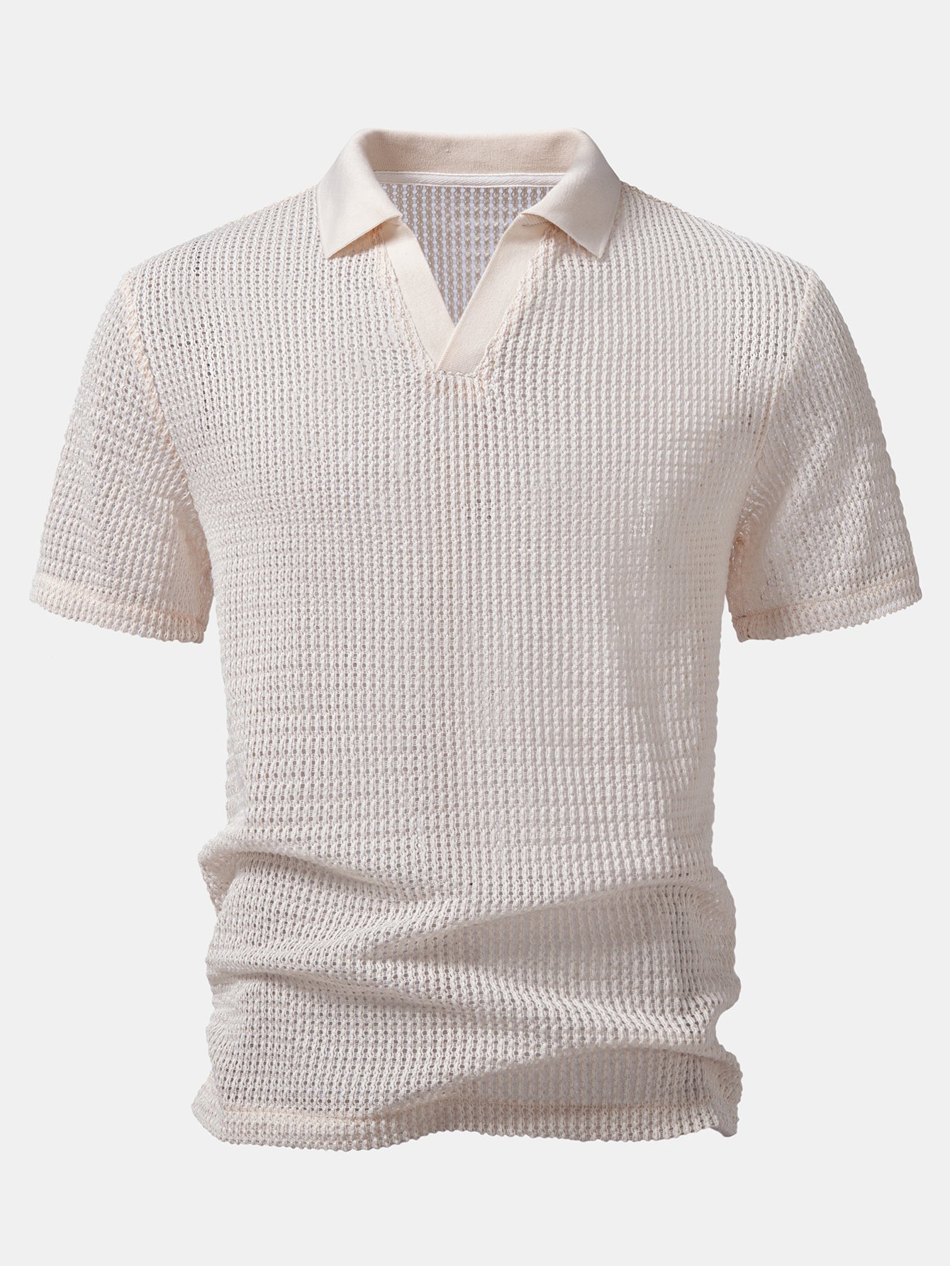 Polo de punto calado beige con cuello en V y manga corta