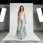 Vestido largo de tirantes con estampado floral azul y verde, falda vaporosa plisada