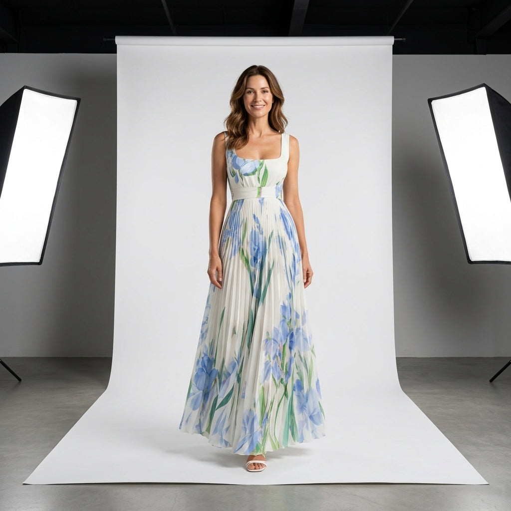 Vestido largo de tirantes con estampado floral azul y verde, falda vaporosa plisada