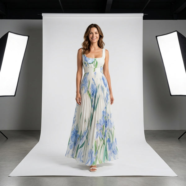 Vestido largo de tirantes con estampado floral azul y verde, falda vaporosa plisada