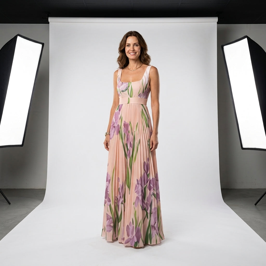 Vestido largo de tirantes con estampado floral lila y rosa, falda amplia con pliegues