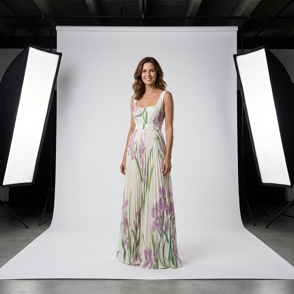 Vestido largo de tirantes con estampado floral rosa y verde, falda plisada y ceñida