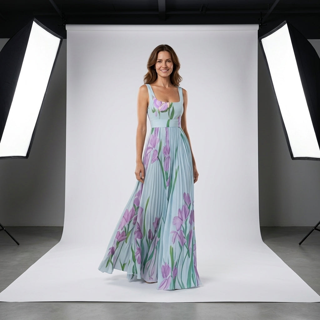 Vestido largo de tirantes con estampado de flores lilas y rosadas, falda evasé